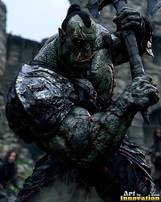 A scarred green orc man grips a heavy battleaxe outdoors by stone ruins