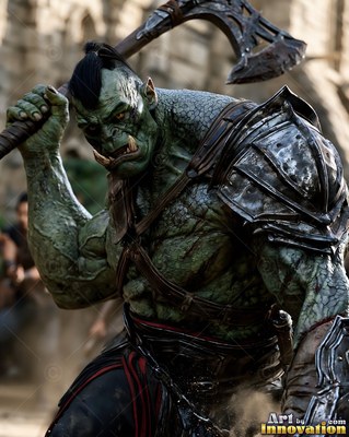 In a stone courtyard, an orc man raises a heavy battle axe