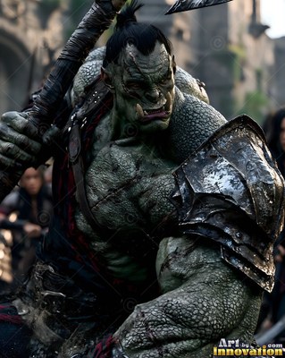 Holding a weapon, a scarred orc man scowls in dark iron shoulder armor