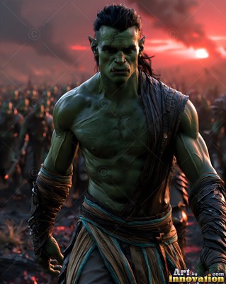 Green orc man walks shirtless before an army under a red sky