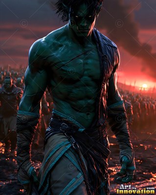 Wrapped hands clenched, a green-skinned orc man stands on a smoky red battlefield