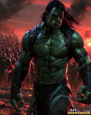 A muscular orc man stands before his army under a smoky red sunset
