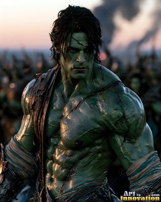 Turned to the side on a battlefield, a green-skinned orc man with black hair looks back