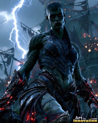 A scarred green orc man stands in dark armor under a flash of lightning