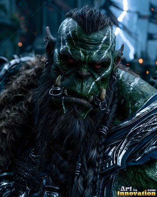 Under a stormy sky, an orc man with green skin with red eyes wears dark armor and fur