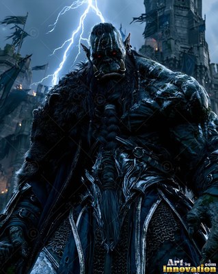 Standing under lightning, a tusked orc man wears dark armor and fur on a castle wall