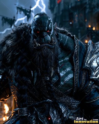 Tusked orc man in heavy armor stands under lightning