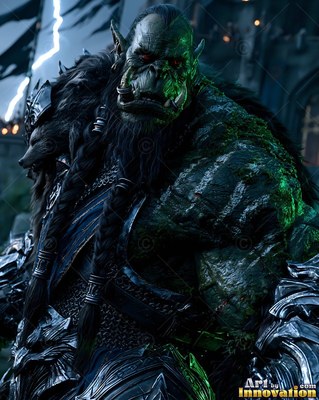 Tusked green face of a scarred orc man clad in heavy iron armor beneath lightning