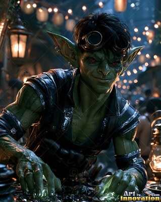 A goblin man leans forward over a table under strings of warm hanging lights