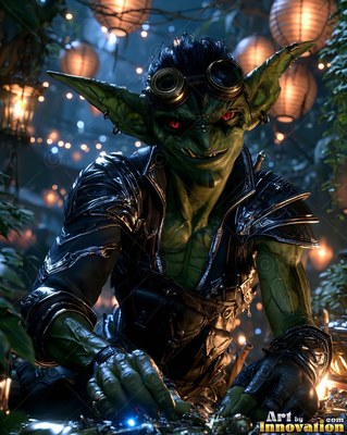 Leaning forward under paper lanterns, a green goblin man grins in goggles