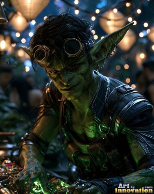 A green goblin man with goggles leans over a counter under hanging lights