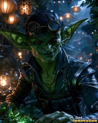 In a lantern-lit night market, a green-skinned goblin man smiles in round goggles