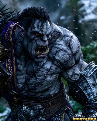 Snarling in the rain, a scarred gray orc man wears purple trim and iron armor