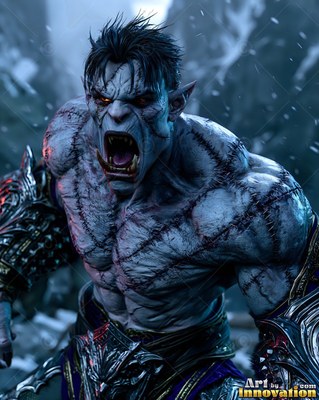 A scarred gray orc man roars outdoors in the snow