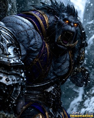 Curved tusks jut from a roaring orc man in blue armor as snow falls in a rocky ravine
