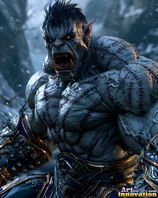 A scarred orc man snarls with bared tusks, lit by cold blue winter light