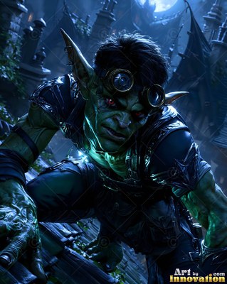 Crouching forward on a dark rooftop, a green-skinned goblin man wears round goggles