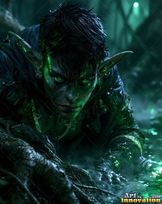 A goblin man with bright green eyes crawls low through dark water and roots