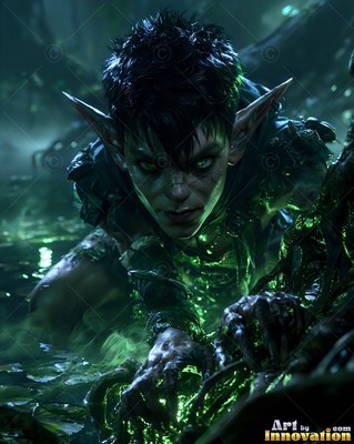 In a dark swamp, a green-eyed goblin man crawls forward through murky water