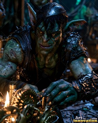 Tinkering with brass gears by candlelight, a green goblin man leans over his workshop