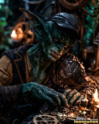Green goblin man in a cap tinkering with brass gears
