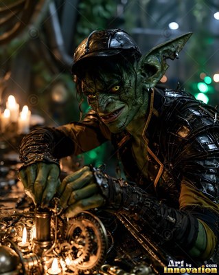 Wearing a rounded metal cap, a green goblin man fixes tiny gears by warm candlelight