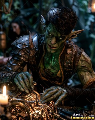 A green-skinned goblin man tinkers with small clockwork gears by warm candlelight