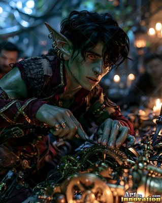 Leaning over a workshop table, a young goblin man tinkers with brass gears