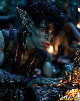 A green-skinned goblin man works on metal gears by candlelight in his dark workshop