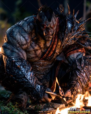 Crouching by a small campfire, a muscular orc man sharpens a bladed weapon