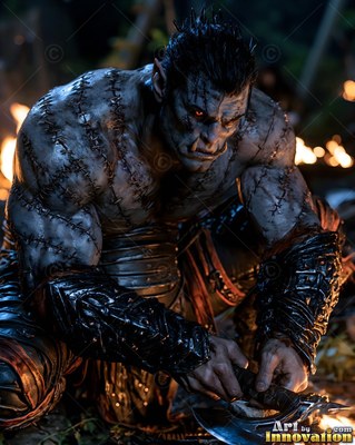 A scarred gray orc man crouches by a fire holding an axe