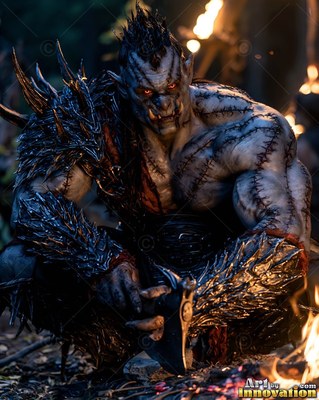 Stitched scars cover a muscular orc man crouching with an axe by a fire at night