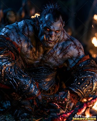 A scarred orc man crouches with his axe by warm firelight