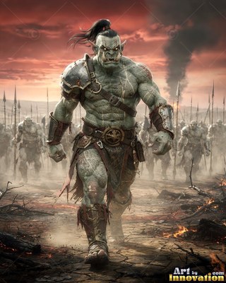 Striding forward on a scorched battlefield, a green-skinned orc man leads his army