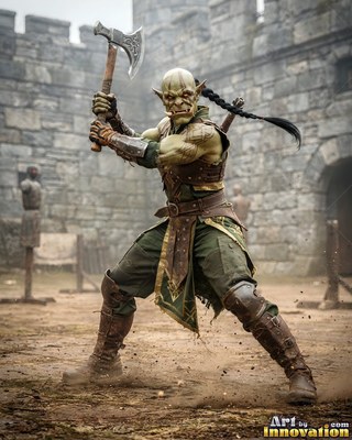 A green orc man in leather armor raises an axe in a stone courtyard