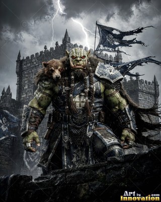 On stormy castle ramparts, a tusked orc man stands in dark armor under lightning