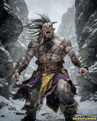 Roaring in a snowy canyon, a horned orc man stands with stitched gray skin and fangs