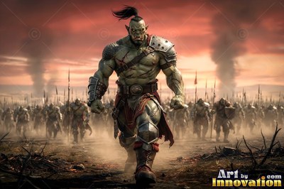 Orc man in armor walks ahead of an army on a dusty field under red sky