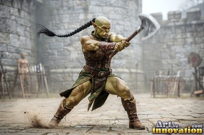 Braided black ponytail swinging, a green orc man swings a large battle axe in a stone courtyard