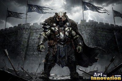 An armored orc man stands before a stone fortress under flashes of white lightning