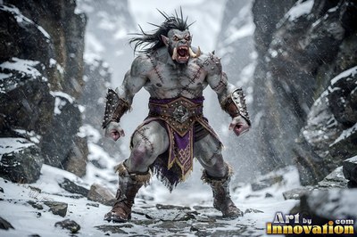 Standing wide in a snowy ravine, a gray orc man snarls with clenched fists