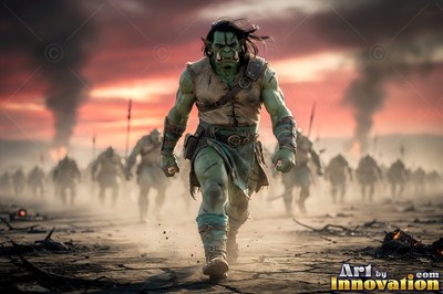 A green tusked orc man marches forward with his army under a smoky sunset sky