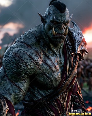 On a smoky battlefield, a muscular orc man stands with scarred skin and tusks