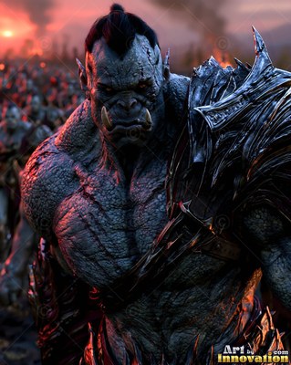 Marching before an army, a muscular gray orc man wears dark spiky armor at sunset
