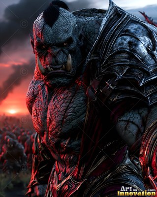 A scarred orc man in steel armor stands before a fiery sky