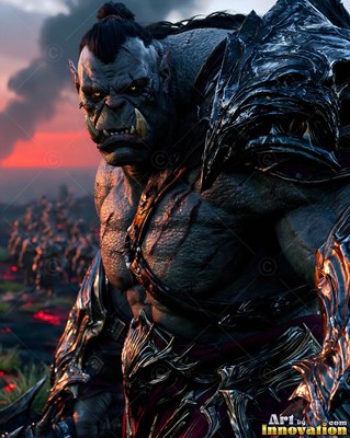 Black spiked armor on his shoulder, a scarred orc man stands before a field under a red sunset