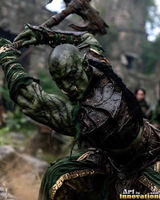 A green-skinned orc man raises a heavy axe overhead in cool gray daylight