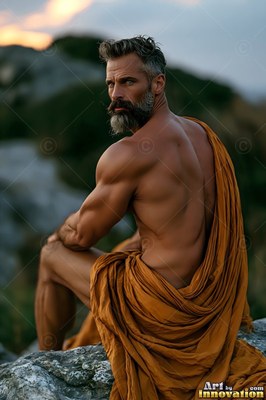 On a rocky hill, a bearded strong man sits wrapped in an ochre cloth