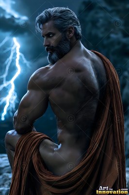 Looking over his shoulder, a muscular gray-bearded man sits draped in brown cloth by lightning