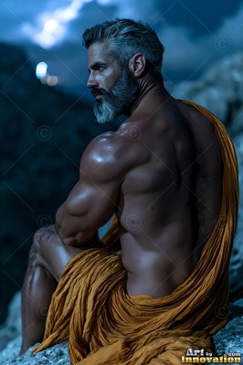 Athletic man who has a beard in a gold cloth sitting on rocks during a storm